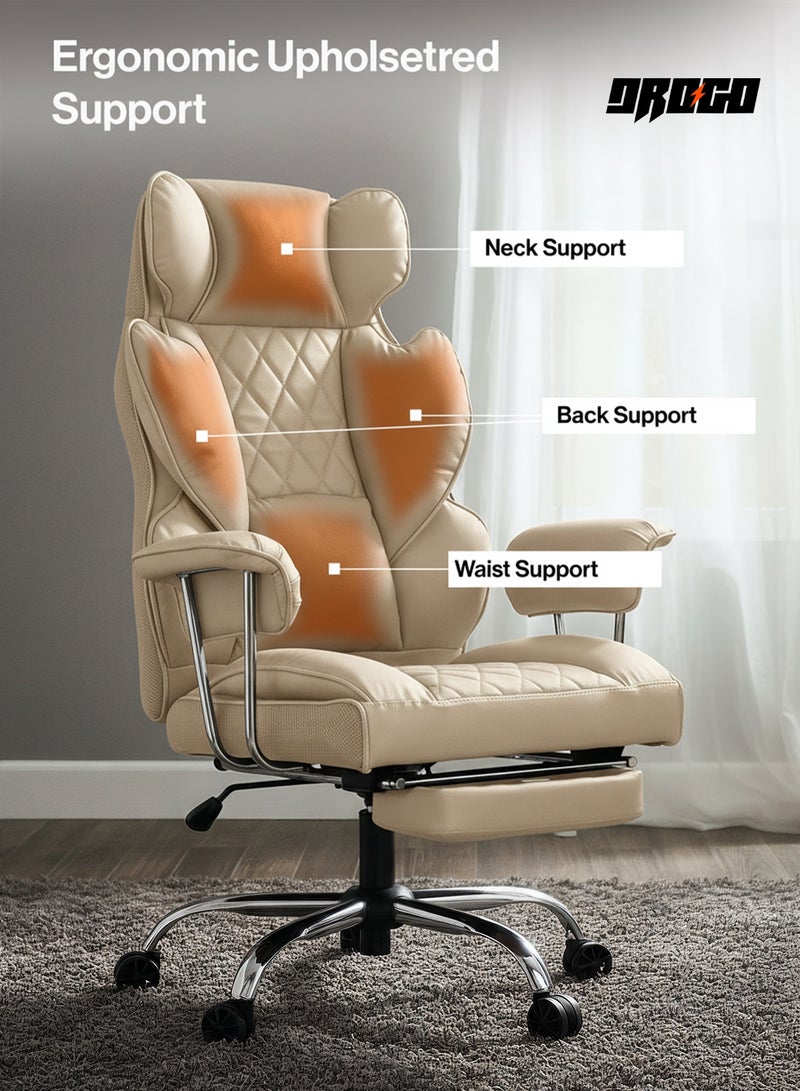 دراجو كرسي مكتب منزلي كبير الحجم وطويل القامة مع مسند للقدمين، مصنوع من الجلد الصناعي، مزود بدعم قطني بنوابض جيبية | كرسي مكتب دوار مريح بتصميم هندسي | كرسي ألعاب كمبيوتر مريح مع مسند للذراعين | كرسي استرخاء بيج اللون قابل لتعديل الارتفاع مع ظهر مرتفع - Image 3